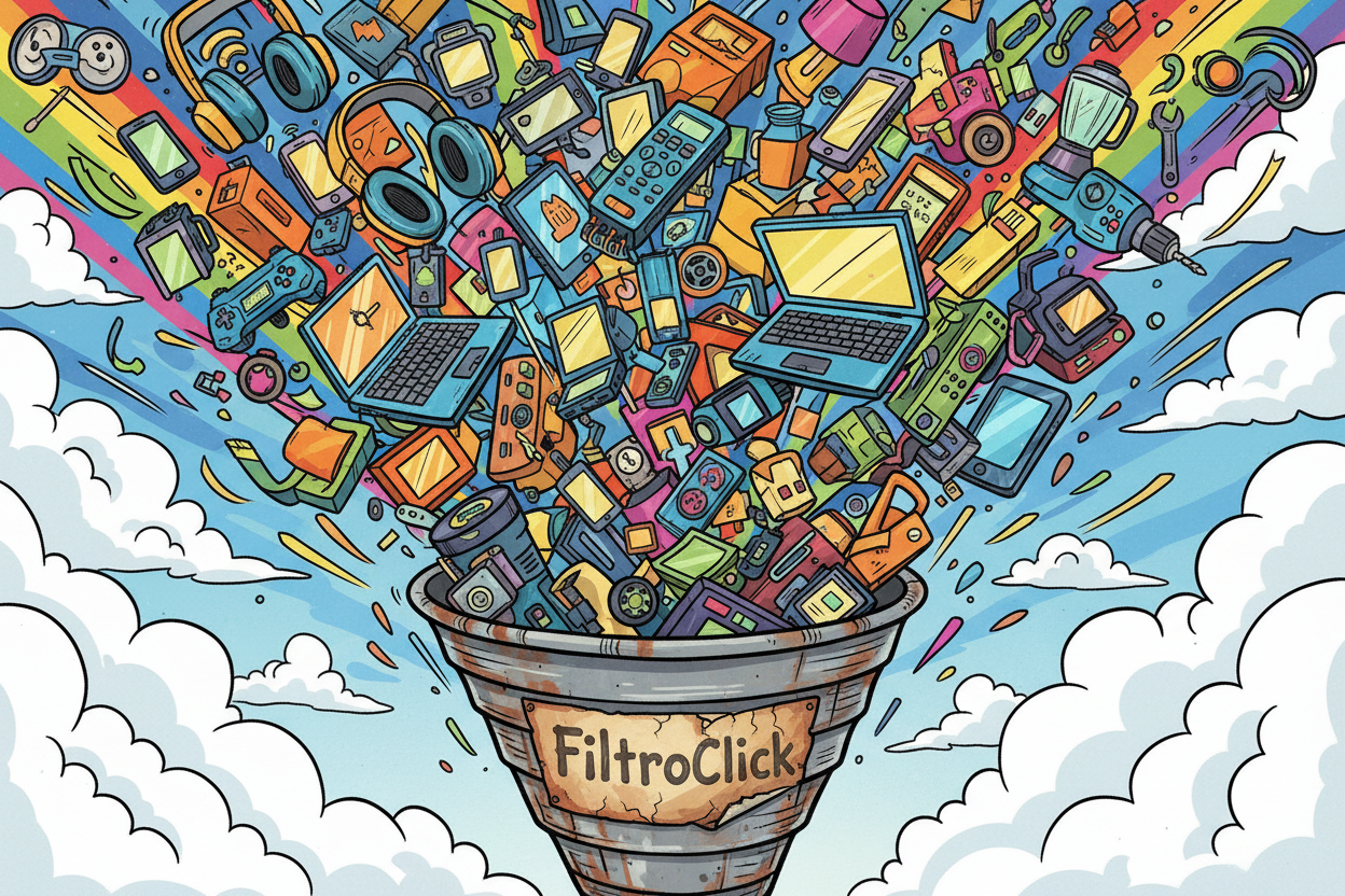 hazlo mas tipo caricatura y la etiqueta como desgastada que dice "FiltroClick"